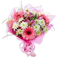 Букет квітів із 3 гербер, 3 альстромерій і 3 хризантем