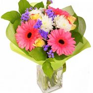 Букет із 3 гербер, 3 роз і 1 хризантеми