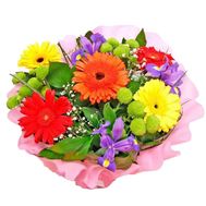 Букет із 5 гербер, 3 ірисів і 3 хризантем