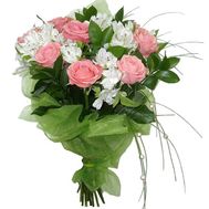Букет квітів із 9 троянд та 10 альстромерій