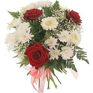 Букет квітів із 3 троянд, 3 хризантеми і 3 гербер