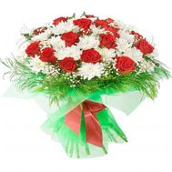 Букет квітів із 19 троянд і 12 хризантем