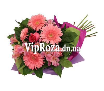 Букет квітів із 3 гербер, 4 альстромерій, 3 гвоздик і 1 троянди