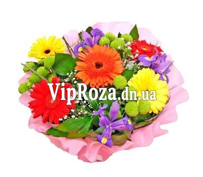 Букет із 5 гербер, 3 ірисів і 3 хризантем