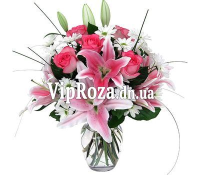 Букет квітів із троянд, хризантем і лілій
