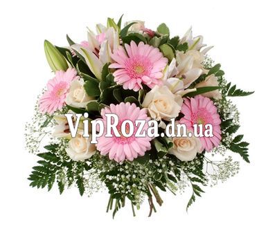 Букет квітів із 1 лілії, 5 троянд і 5 гербер