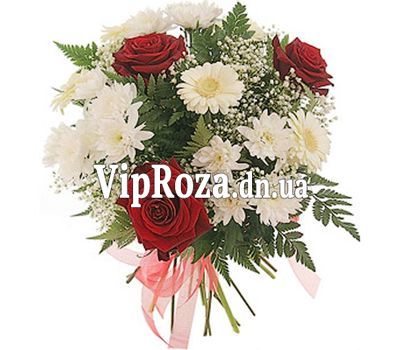 Букет квітів із 3 троянд, 3 хризантеми і 3 гербер