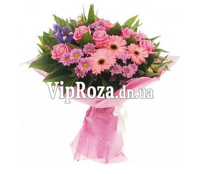 Букет квітів із 5 троянд, 5 гербер та 5 хризантем