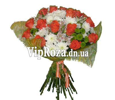 Букет із 15 троянд, 5 альстромерій і 9 хризантем