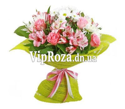 Букет із 7 троянд, 5 альстромерій і 3 хризантем