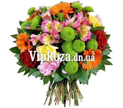 Букет із 6 роз, 5 гербер, 6 альстромерій і 4 хризантем