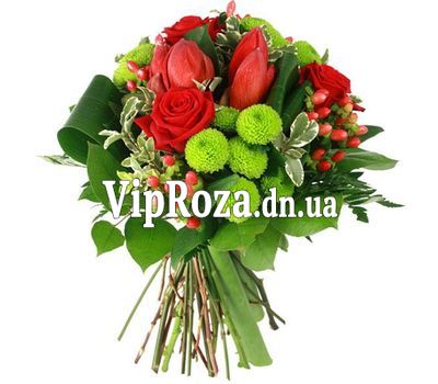 Букет із 5 троянд, 3 тюльпанів і 3 хризантем